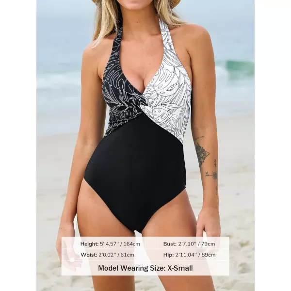 imageCUPSHE Women Swimsuit One Piece Halter Deep V Neck Mesh Sheer Long Torso Bathing SuitBlack  Tropical