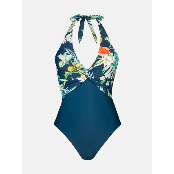 imageCUPSHE Women Swimsuit One Piece Halter Deep V Neck Mesh Sheer Long Torso Bathing SuitNavy  Floral
