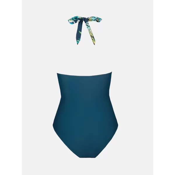 imageCUPSHE Women Swimsuit One Piece Halter Deep V Neck Mesh Sheer Long Torso Bathing SuitNavy  Floral