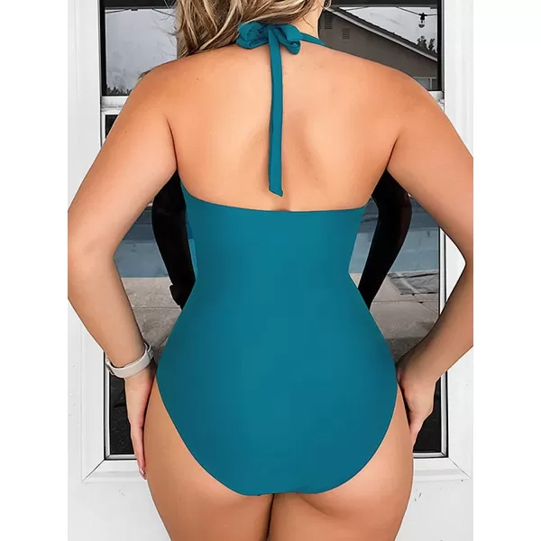 imageCUPSHE Women Swimsuit One Piece Halter Ruffle Neck Ruched Tummy Control Modest Bathing SuitBlue