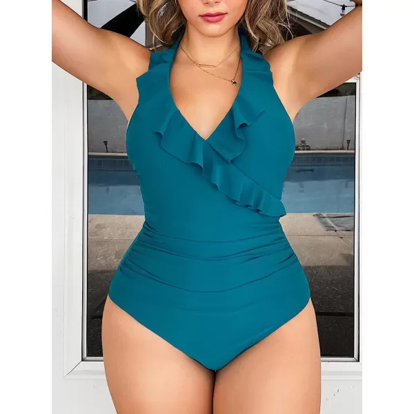 imageCUPSHE Women Swimsuit One Piece Halter Ruffle Neck Ruched Tummy Control Modest Bathing SuitBlue