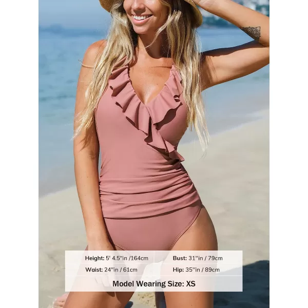 imageCUPSHE Women Swimsuit One Piece Halter Ruffle Neck Ruched Tummy Control Modest Bathing SuitDusty Pink