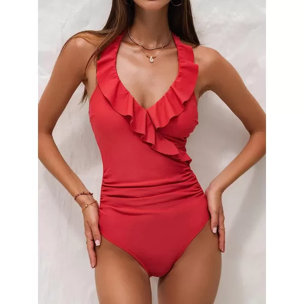 imageCUPSHE Women Swimsuit One Piece Halter Ruffle Neck Ruched Tummy Control Modest Bathing SuitRed