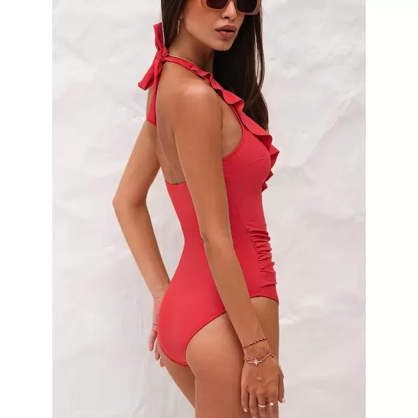 imageCUPSHE Women Swimsuit One Piece Halter Ruffle Neck Ruched Tummy Control Modest Bathing SuitRed