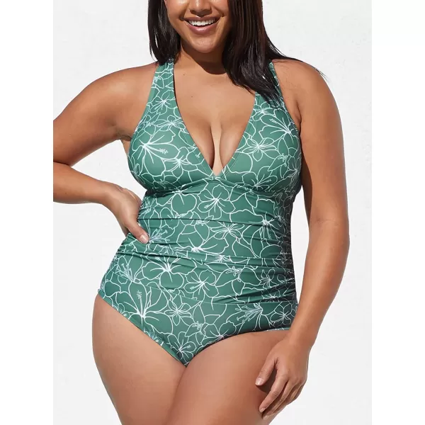 imageCUPSHE Women Swimsuit One Piece Plus Size Bathing Suit Ruched Front Crisscross Self Tie Back Floral Bathing SuitGreen