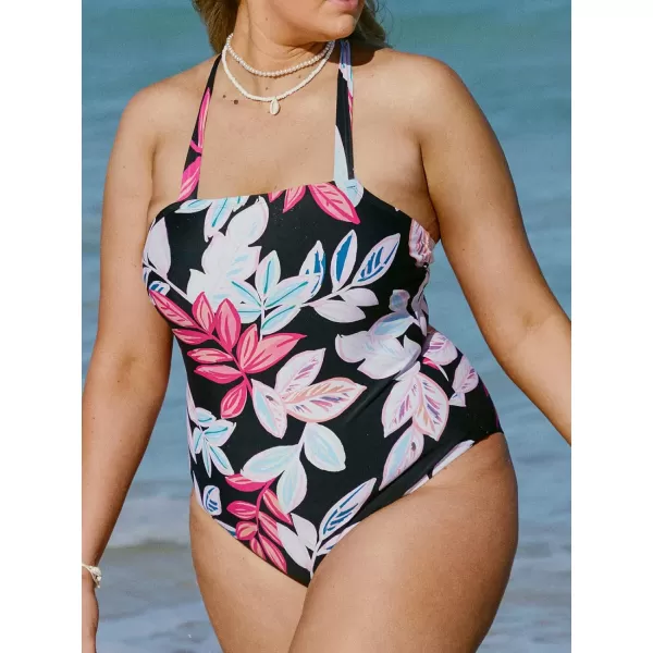 imageCUPSHE Women Swimsuit One Piece Plus Size Bathing Suit Square Neck Crisscross Self Tie Back Tropical PrintBlack  Floral