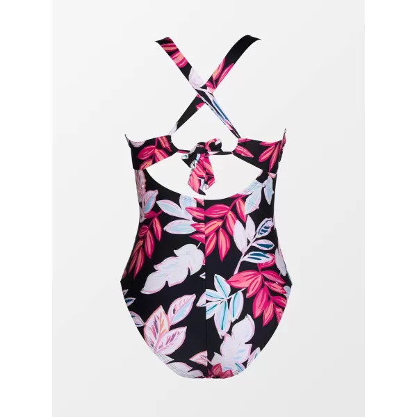 imageCUPSHE Women Swimsuit One Piece Plus Size Bathing Suit Square Neck Crisscross Self Tie Back Tropical PrintBlack  Floral