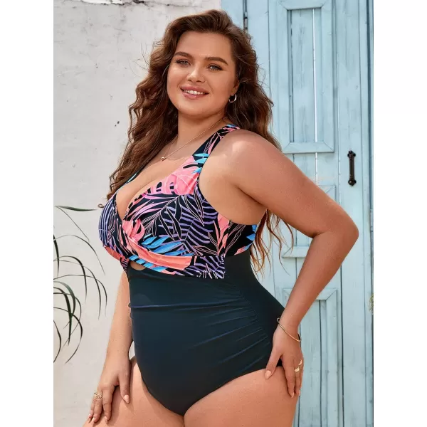 imageCUPSHE Women Swimsuit One Piece Plus Size Bathing Suit Wrap Ruched Crisscross Self Tie Back FloralBlack