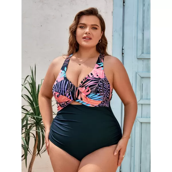 imageCUPSHE Women Swimsuit One Piece Plus Size Bathing Suit Wrap Ruched Crisscross Self Tie Back FloralBlack