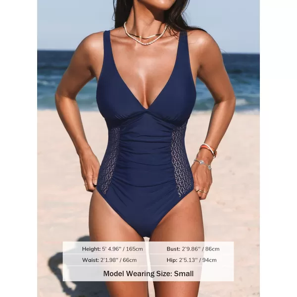imageCUPSHE Women Swimsuit One Piece Ruched Tummy Control Lace Bathing Suit with Full CoverageDark Blue