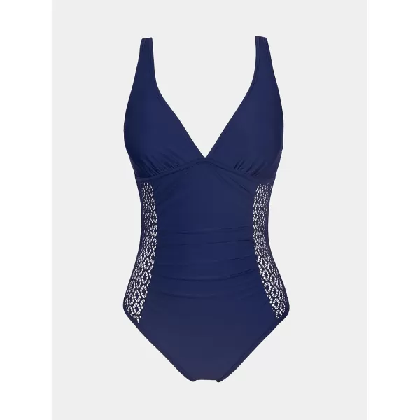imageCUPSHE Women Swimsuit One Piece Ruched Tummy Control Lace Bathing Suit with Full CoverageDark Blue