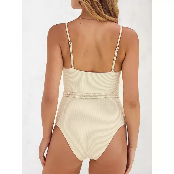 imageCUPSHE Women Swimsuit One Piece Textured Belted Scoop Neck Bathing Suit in Sparkling FabricBeige