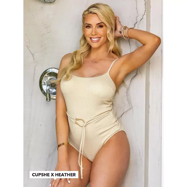 imageCUPSHE Women Swimsuit One Piece Textured Belted Scoop Neck Bathing Suit in Sparkling FabricBeige