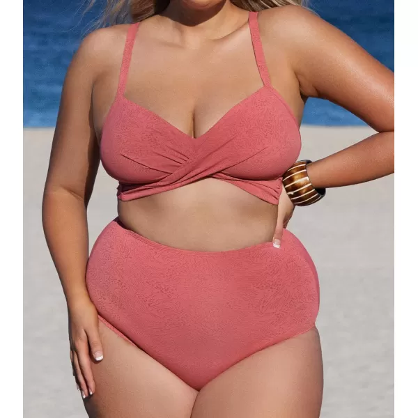 imageCUPSHE Women Swimsuit Plus Size Bikini Bottom High Waisted Full Coverage Bathing Suit Abstract TextureCoral Pink