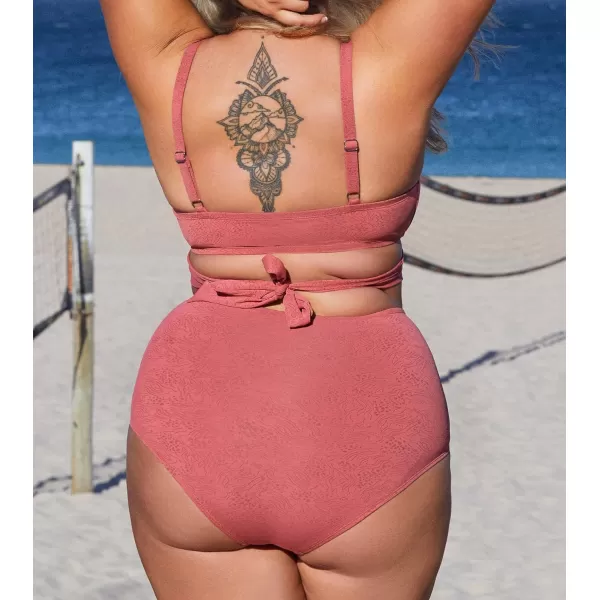 imageCUPSHE Women Swimsuit Plus Size Bikini Bottom High Waisted Full Coverage Bathing Suit Abstract TextureCoral Pink
