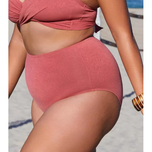imageCUPSHE Women Swimsuit Plus Size Bikini Bottom High Waisted Full Coverage Bathing Suit Abstract TextureCoral Pink