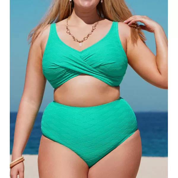 imageCUPSHE Women Swimsuit Plus Size Bikini Bottom High Waisted Full Coverage Bathing Suit Textured PatternTurquoise Green