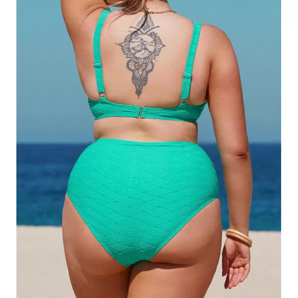 imageCUPSHE Women Swimsuit Plus Size Bikini Bottom High Waisted Full Coverage Bathing Suit Textured PatternTurquoise Green