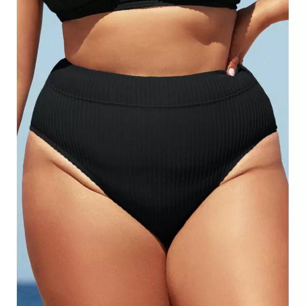 imageCUPSHE Women Swimsuit Plus Size Bikini Bottom High Waisted Ribbed Texture Modest Widen Band Bathing SuitBlack