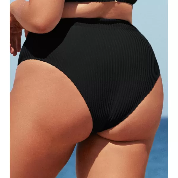 imageCUPSHE Women Swimsuit Plus Size Bikini Bottom High Waisted Ribbed Texture Modest Widen Band Bathing SuitBlack