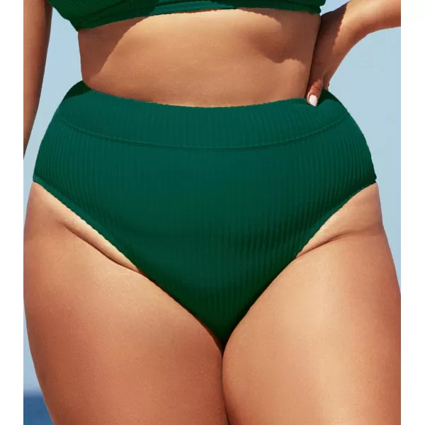 imageCUPSHE Women Swimsuit Plus Size Bikini Bottom High Waisted Ribbed Texture Modest Widen Band Bathing SuitGreen