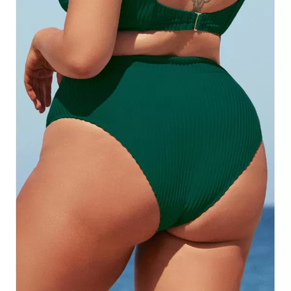 imageCUPSHE Women Swimsuit Plus Size Bikini Bottom High Waisted Ribbed Texture Modest Widen Band Bathing SuitGreen
