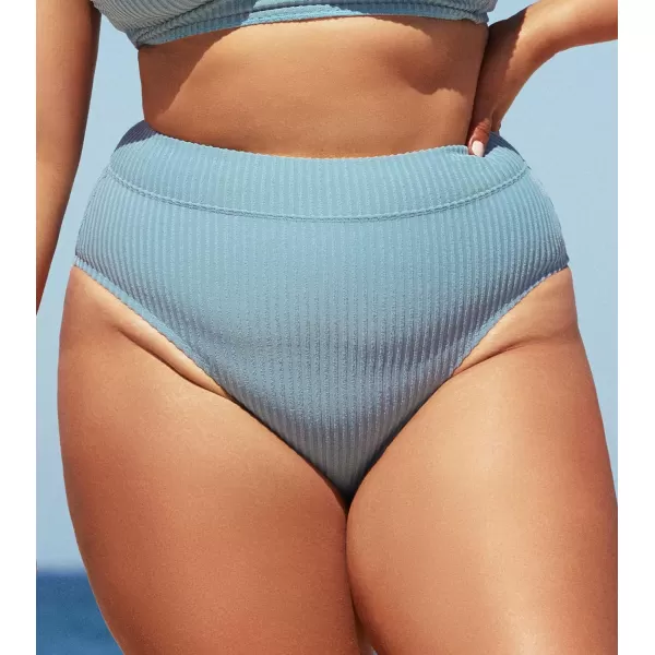imageCUPSHE Women Swimsuit Plus Size Bikini Bottom High Waisted Ribbed Texture Modest Widen Band Bathing SuitLight Blue