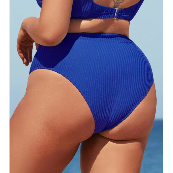 imageCUPSHE Women Swimsuit Plus Size Bikini Bottom High Waisted Ribbed Texture Modest Widen Band Bathing SuitRoyal Blue