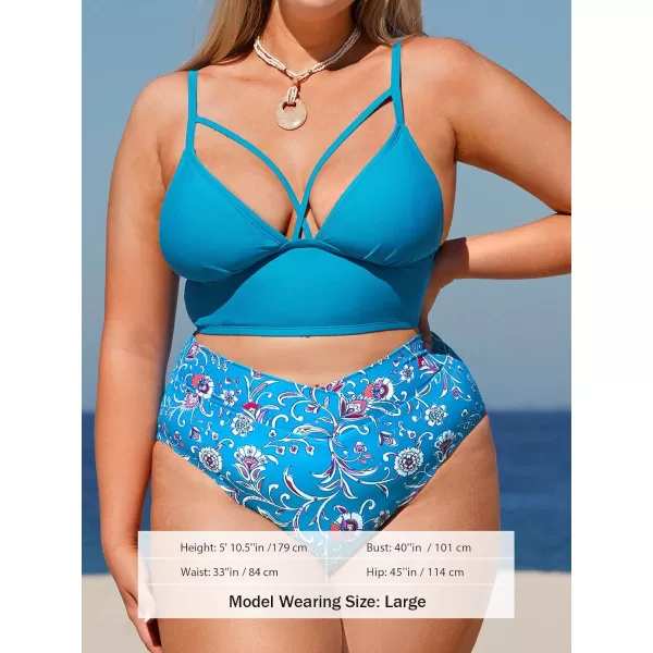 imageCUPSHE Women Swimsuit Plus Size Bikini Set Cutout Front VCut High Waisted Bottom Paisley FloralBlue Paisley Floral