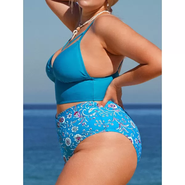 imageCUPSHE Women Swimsuit Plus Size Bikini Set Cutout Front VCut High Waisted Bottom Paisley FloralBlue Paisley Floral
