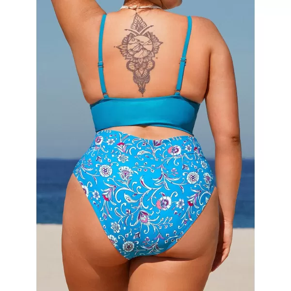 imageCUPSHE Women Swimsuit Plus Size Bikini Set Cutout Front VCut High Waisted Bottom Paisley FloralBlue Paisley Floral