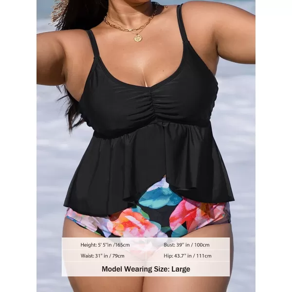 imageCUPSHE Women Swimsuit Plus Size Bikini Set High Waisted Flowy Ruffle Hem Cinch Front with Adjustable Spaghetti StrapsBlack and Floral