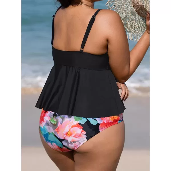 imageCUPSHE Women Swimsuit Plus Size Bikini Set High Waisted Flowy Ruffle Hem Cinch Front with Adjustable Spaghetti StrapsBlack and Floral