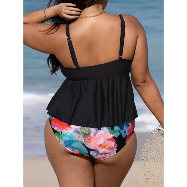 imageCUPSHE Women Swimsuit Plus Size Bikini Set High Waisted Flowy Ruffle Hem Cinch Front with Adjustable Spaghetti StrapsBlack and Floral