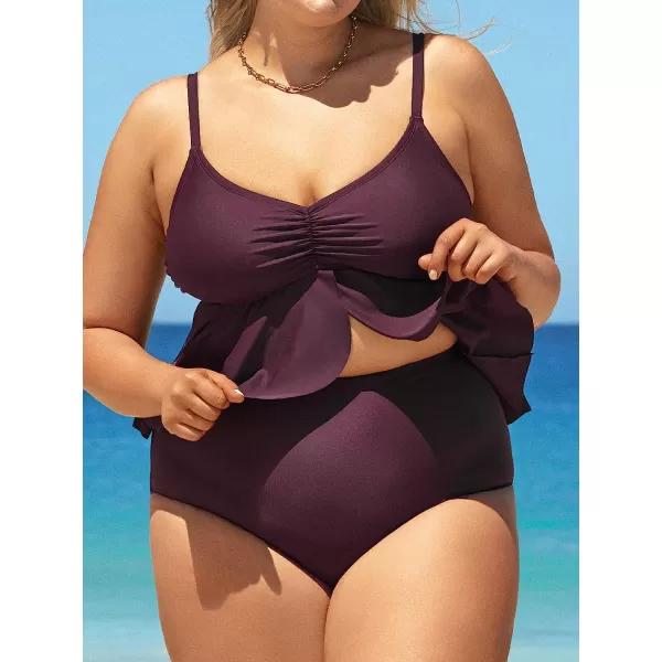 imageCUPSHE Women Swimsuit Plus Size Bikini Set High Waisted Flowy Ruffle Hem Cinch Front with Adjustable Spaghetti StrapsWine Red