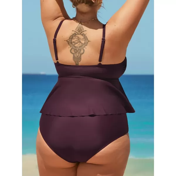 imageCUPSHE Women Swimsuit Plus Size Bikini Set High Waisted Flowy Ruffle Hem Cinch Front with Adjustable Spaghetti StrapsWine Red