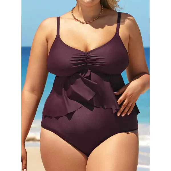 imageCUPSHE Women Swimsuit Plus Size Bikini Set High Waisted Flowy Ruffle Hem Cinch Front with Adjustable Spaghetti StrapsWine Red