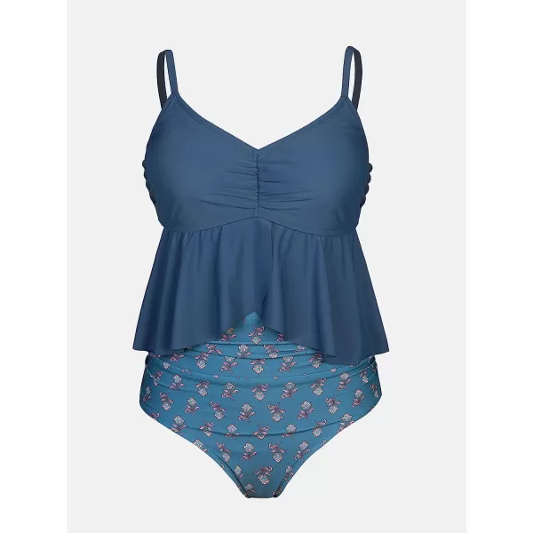 imageCUPSHE Women Swimsuit Plus Size Bikini Set High Waisted Flowy Ruffle Hem Paisley Print Ruched BottomNavy Blue