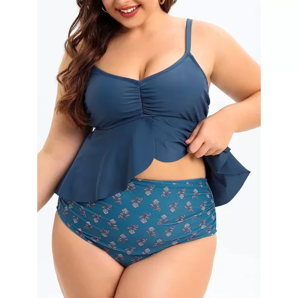 imageCUPSHE Women Swimsuit Plus Size Bikini Set High Waisted Flowy Ruffle Hem Paisley Print Ruched BottomNavy Blue