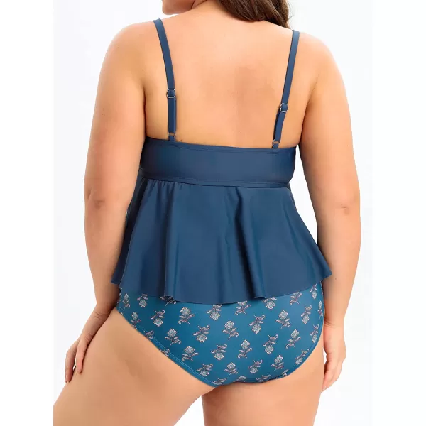 imageCUPSHE Women Swimsuit Plus Size Bikini Set High Waisted Flowy Ruffle Hem Paisley Print Ruched BottomNavy Blue