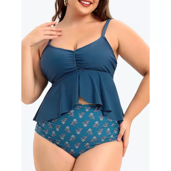 imageCUPSHE Women Swimsuit Plus Size Bikini Set High Waisted Flowy Ruffle Hem Paisley Print Ruched BottomNavy Blue