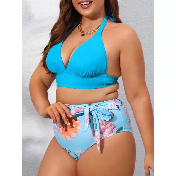 imageCUPSHE Women Swimsuit Plus Size Bikini Set High Waisted Halter Widen Hem Knotted Floral Bottom PieceBlue
