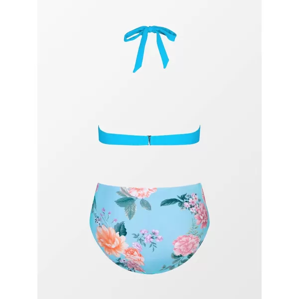 imageCUPSHE Women Swimsuit Plus Size Bikini Set High Waisted Halter Widen Hem Knotted Floral Bottom PieceBlue