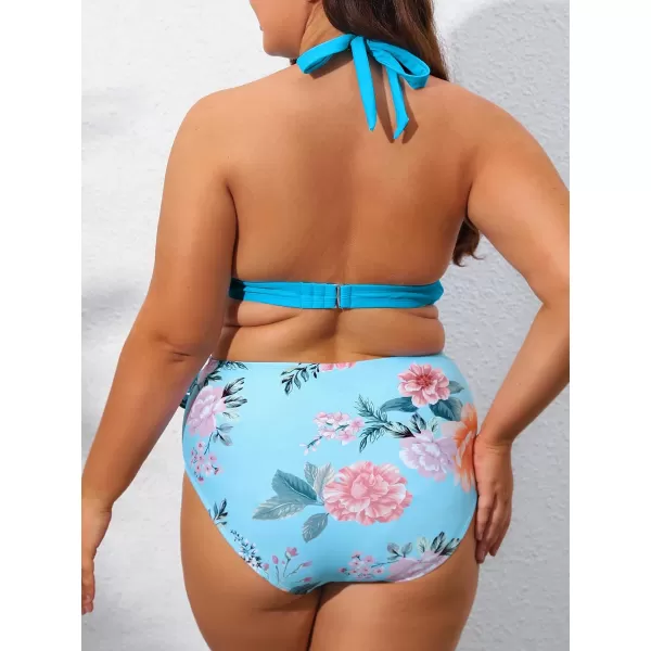 imageCUPSHE Women Swimsuit Plus Size Bikini Set High Waisted Halter Widen Hem Knotted Floral Bottom PieceBlue