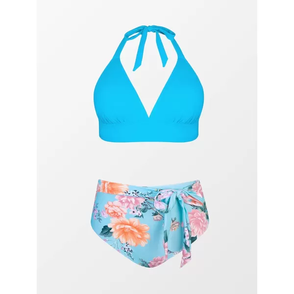 imageCUPSHE Women Swimsuit Plus Size Bikini Set High Waisted Halter Widen Hem Knotted Floral Bottom PieceBlue