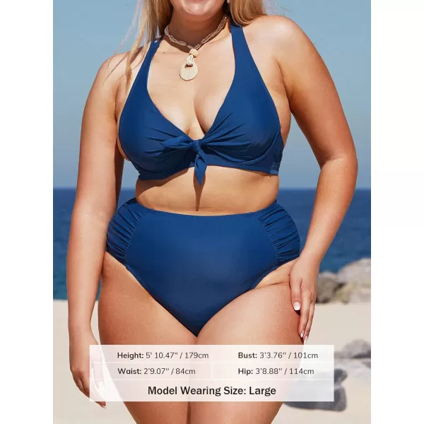 imageCUPSHE Women Swimsuit Plus Size Bikini Set High Waisted Knotted Front Crisscross Self Tie Back Ruched BottomDark Blue
