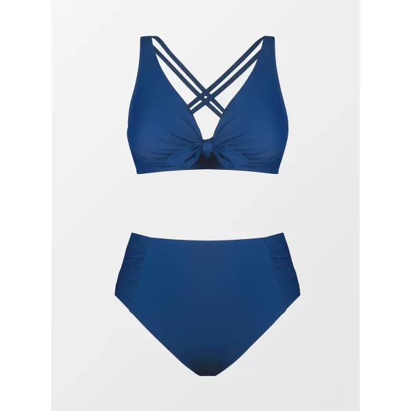 imageCUPSHE Women Swimsuit Plus Size Bikini Set High Waisted Knotted Front Crisscross Self Tie Back Ruched BottomDark Blue