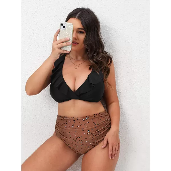 imageCUPSHE Women Swimsuit Plus Size Bikini Set High Waisted Ruffled Front Self Tie Back Ruched Bathing SuitBlack