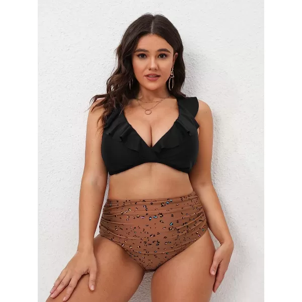 imageCUPSHE Women Swimsuit Plus Size Bikini Set High Waisted Ruffled Front Self Tie Back Ruched Bathing SuitBlack