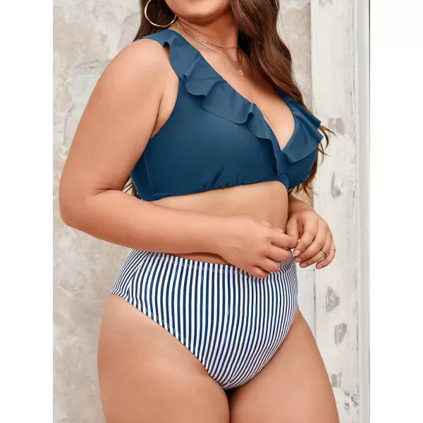 imageCUPSHE Women Swimsuit Plus Size Bikini Set High Waisted Striped Bottom Ruffled V Neck LaceUp Bathing SuitNavy and Stripes